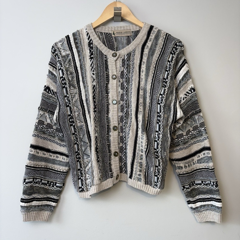 Vtg Coogi Style Women's M Multicolor 3D Textured Knit Cardigan Sweater Crewneck